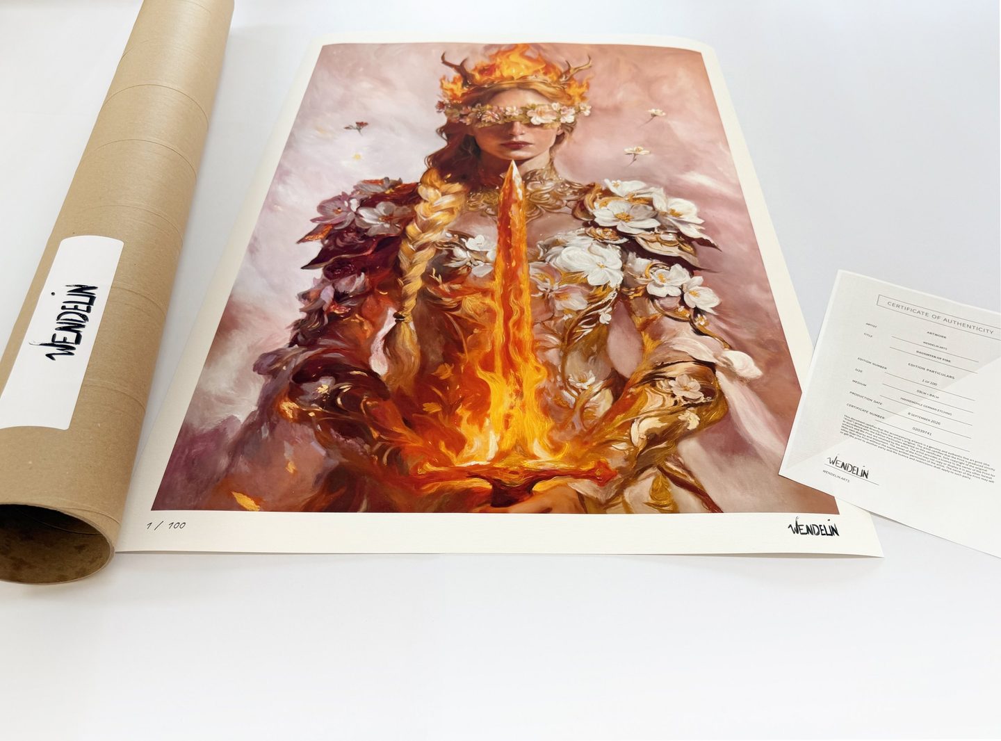 A Caroline Wendelin print, edition 1 of 100, with her signed certificate and the labelled tube