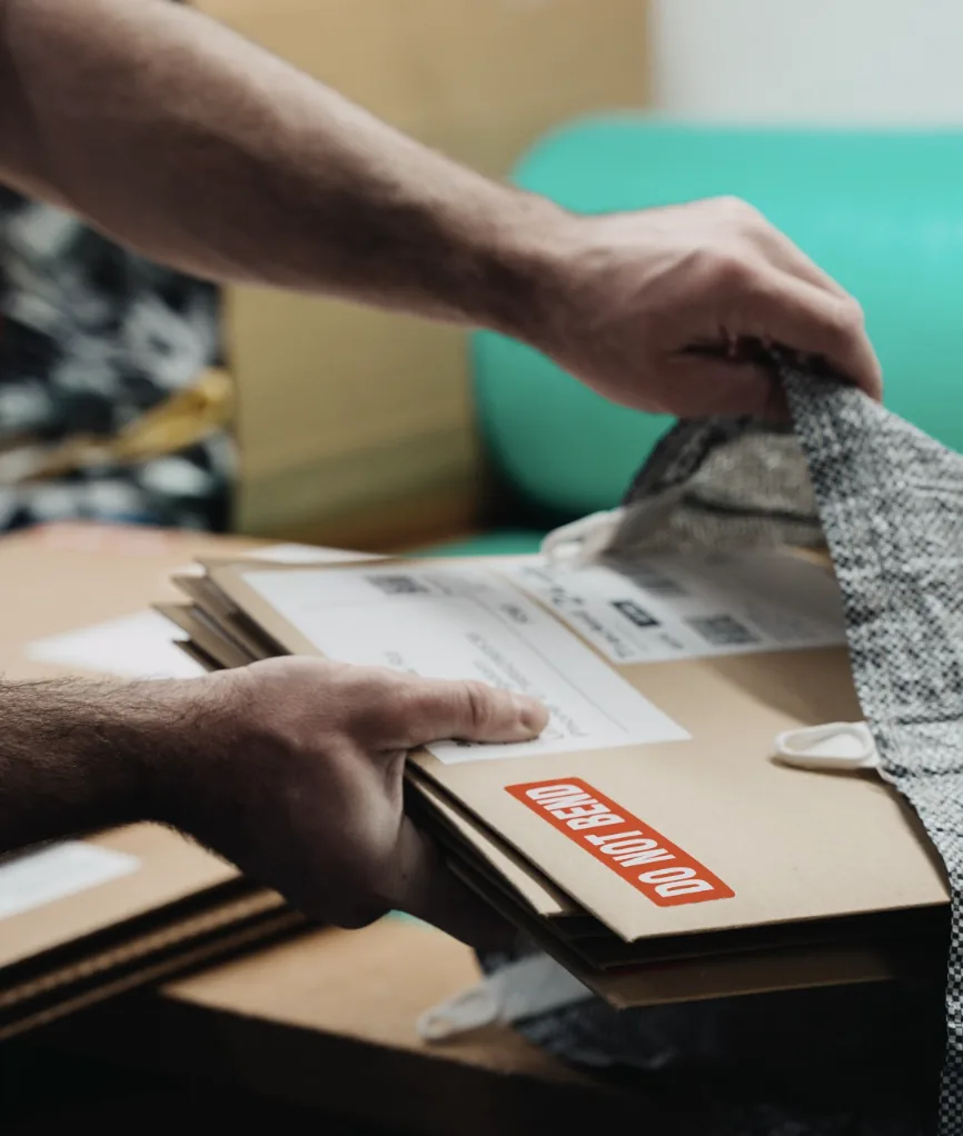 A print order being packed by hand into branded fine art packaging