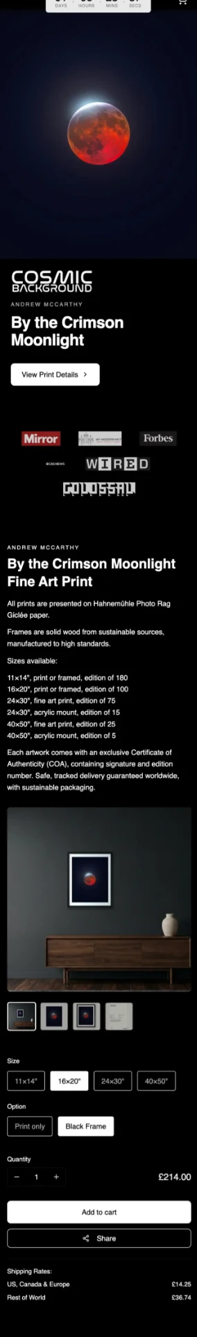 A timed drop store page with a countdown timer, artwork and a view print details button