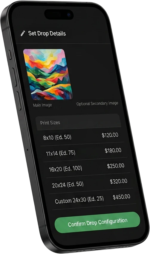 Phone showing a drop's print sizes and edition settings
