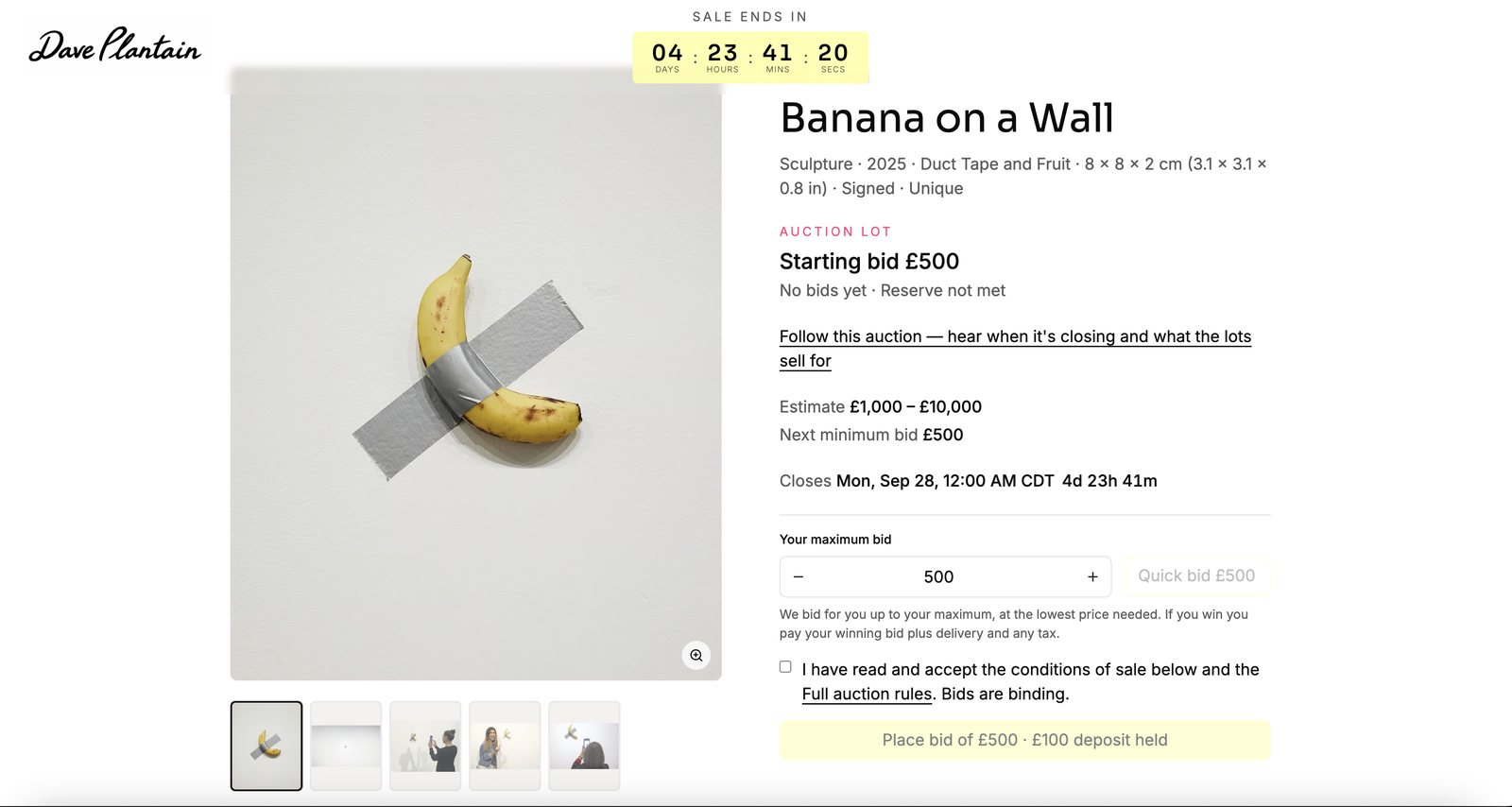 An auction lot on an artist's own store: their logo, a countdown to the close, the estimate and the bidding box