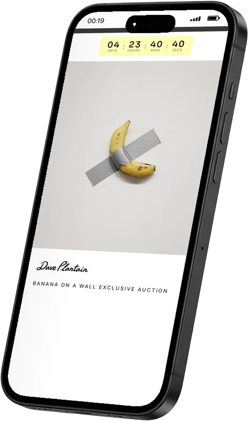 The same auction on a phone: the countdown above the work, with the artist's name beneath