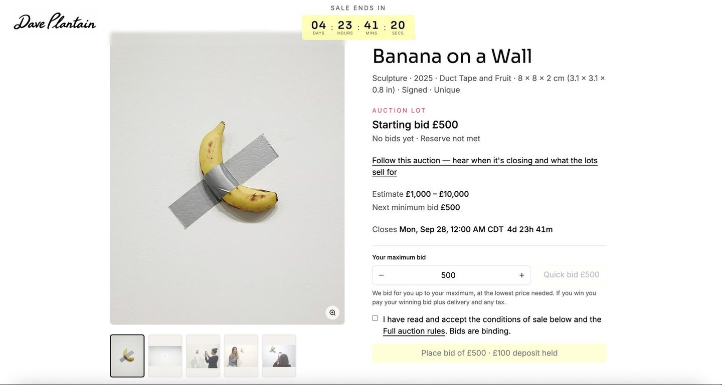 A lot page: the work on the left, and on the right the estimate, the current bid, the closing time and the bidding box