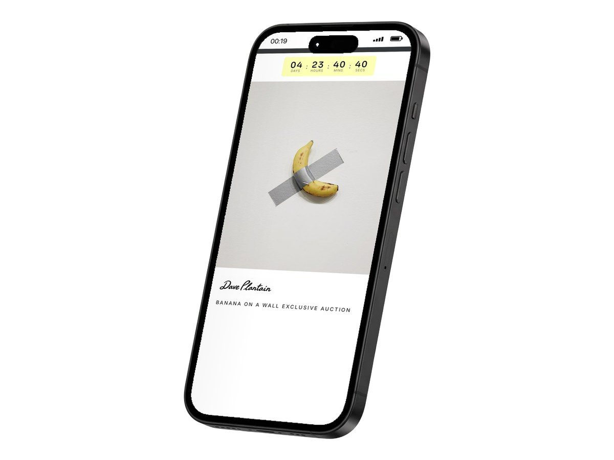 The same auction on a phone: the countdown above the work, the artist's name beneath