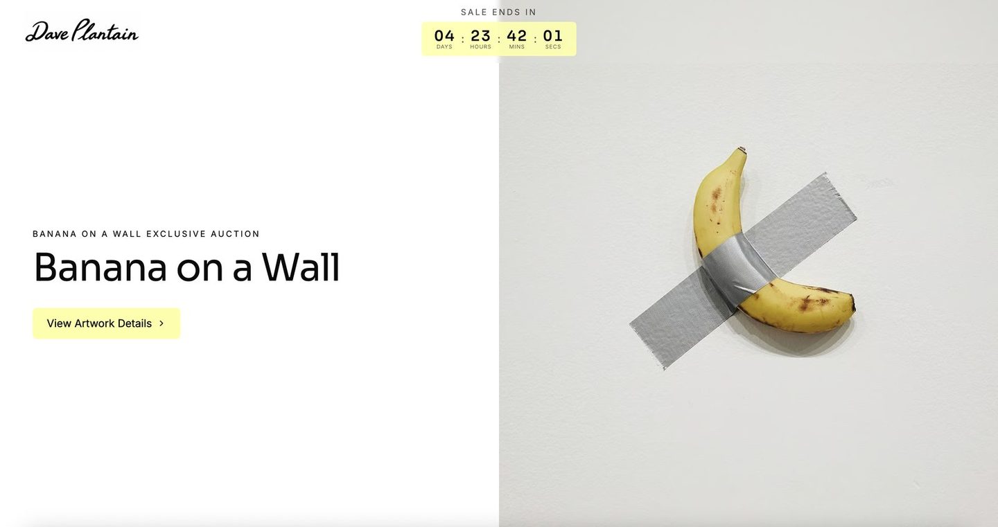 An auction page on an artist's own store: their logo top left, a countdown to the close, and the work