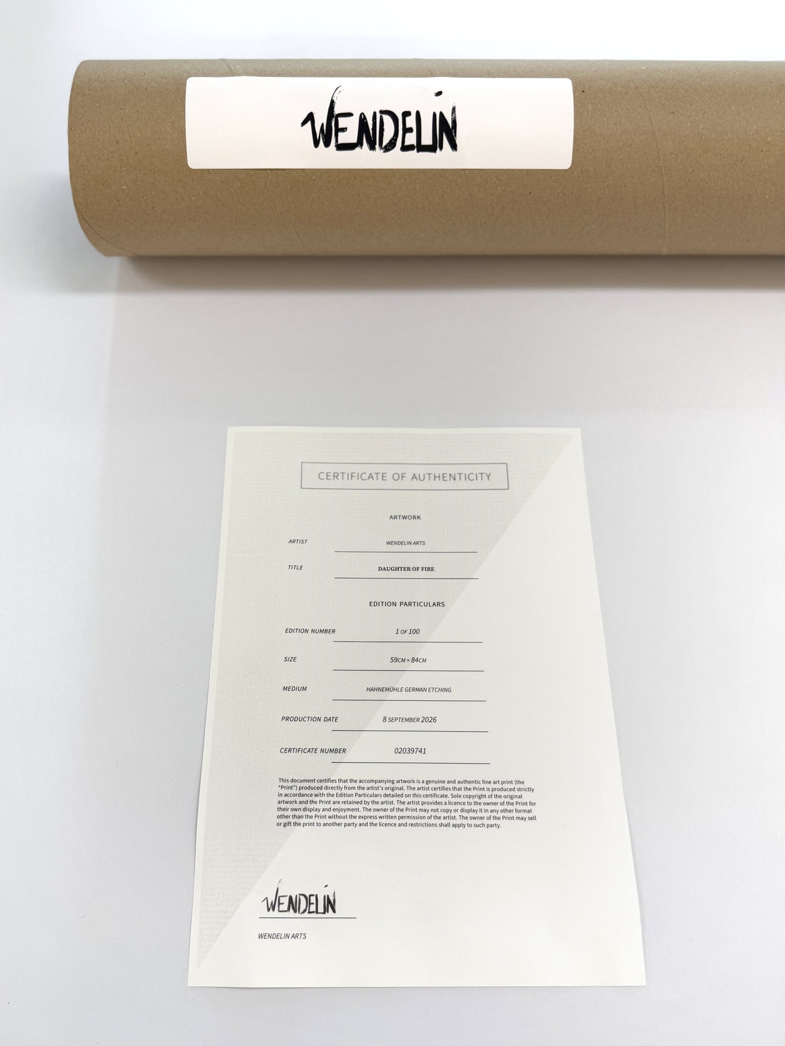 Wendelin Arts branded postal tube and certificate of authenticity for Daughter of Fire