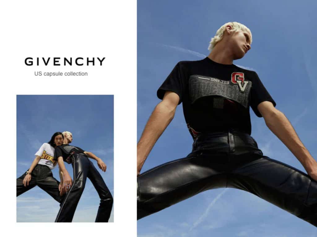 A spread for Givenchy with a model in black t-shirt and leather trousers photographed against the sky, by London-based fashion photographer Francisco Gomez de Villaboa -  Francisco Gomez de Villaboa